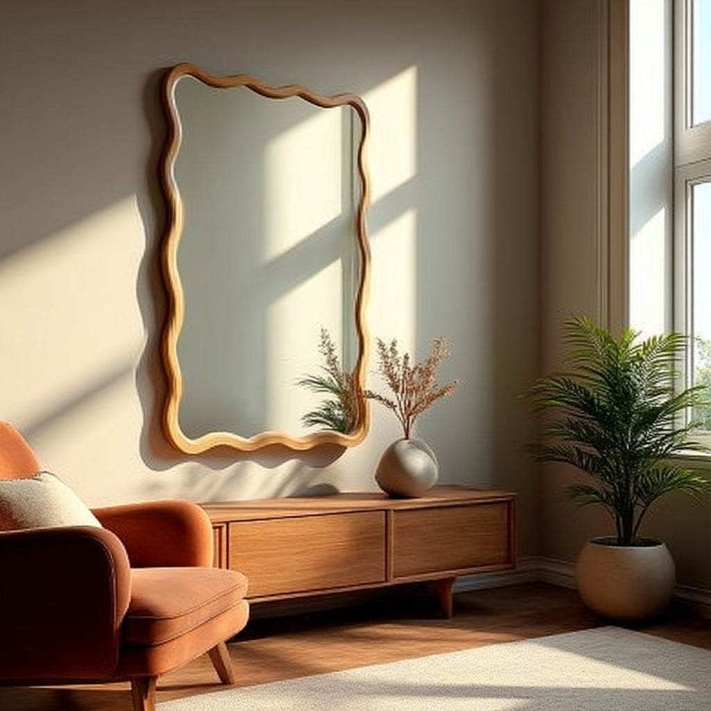 A large rectangular wall mirror with a wavy scalloped wooden frame hangs above a mid-century modern wooden console table in a sunlit room. An orange armchair sits to the left, and a potted green plant stands by the window on the right.
